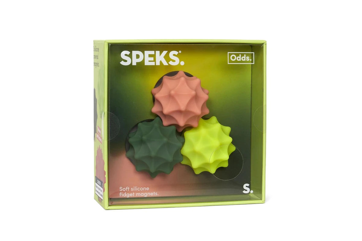 Speks Odds S soft silicone fidget magnets in a lime green box, showing three textured star-shaped magnets in pink, dark green, and lime green.