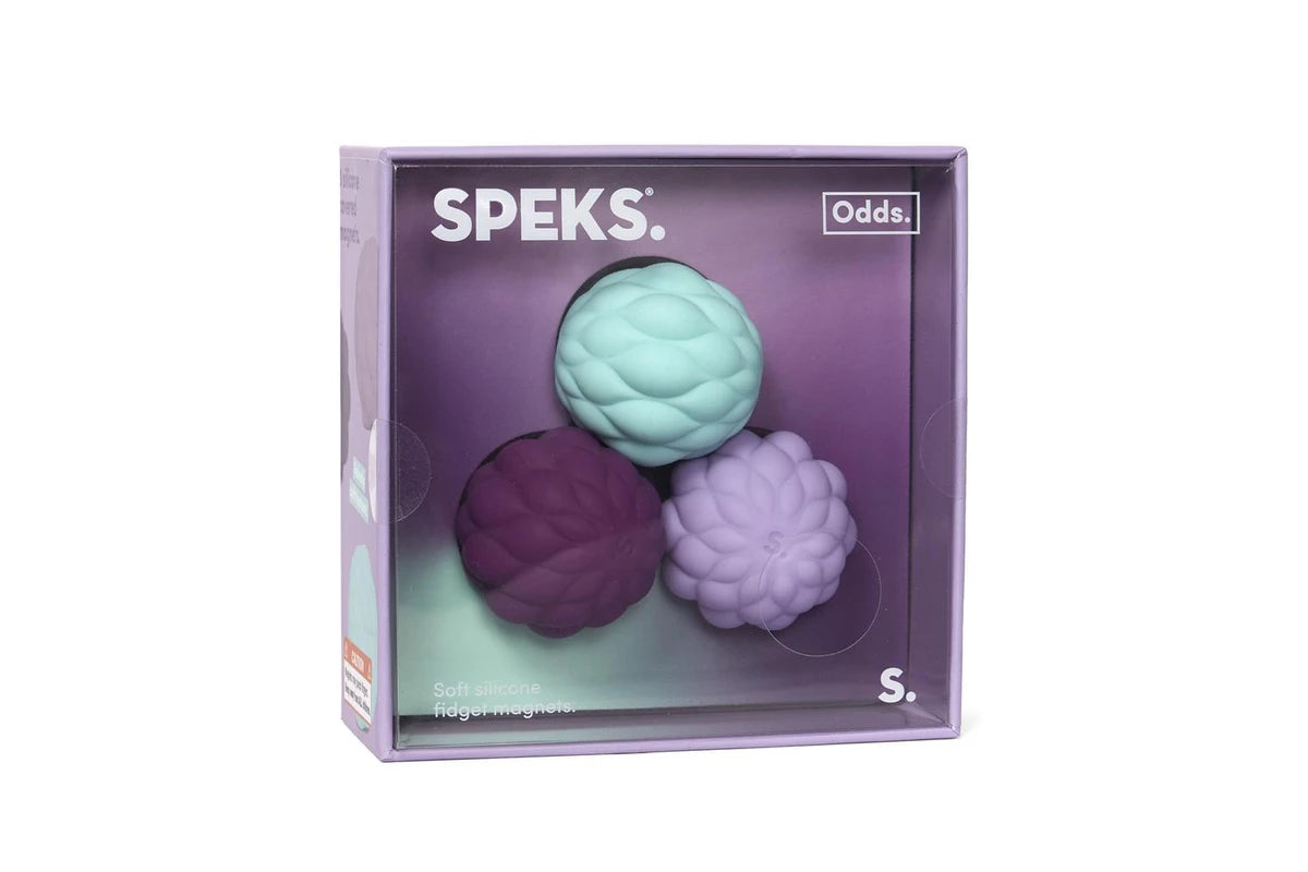 Speks Odds S. three-piece soft silicone nipple massager set in its original purple packaging box, featuring a mint green, dark purple, and lavender textured ball set.