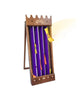 A wooden toy castle display stand with purple, yellow, and orange toy poles inside, shown on a plain white background with a yellow light effect coming from the right.