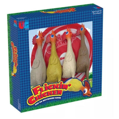 Flickin' Chicken toy game box showing four rubber chicken figures in beige, yellow, cream, and brown through a clear front window, with the title 'Flickin' Chicken' on a blue patterned box.