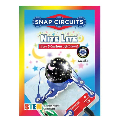 Snap Circuits Nite Lite educational toy package showing a small starry night sky globe on a light box with colorful rainbow border and product text.
