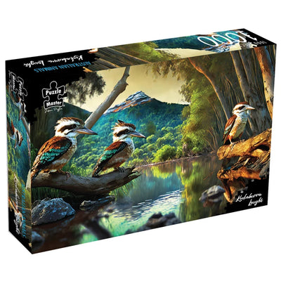 Jigsaw puzzle box featuring three kookaburras by a lake with a mountainous background.