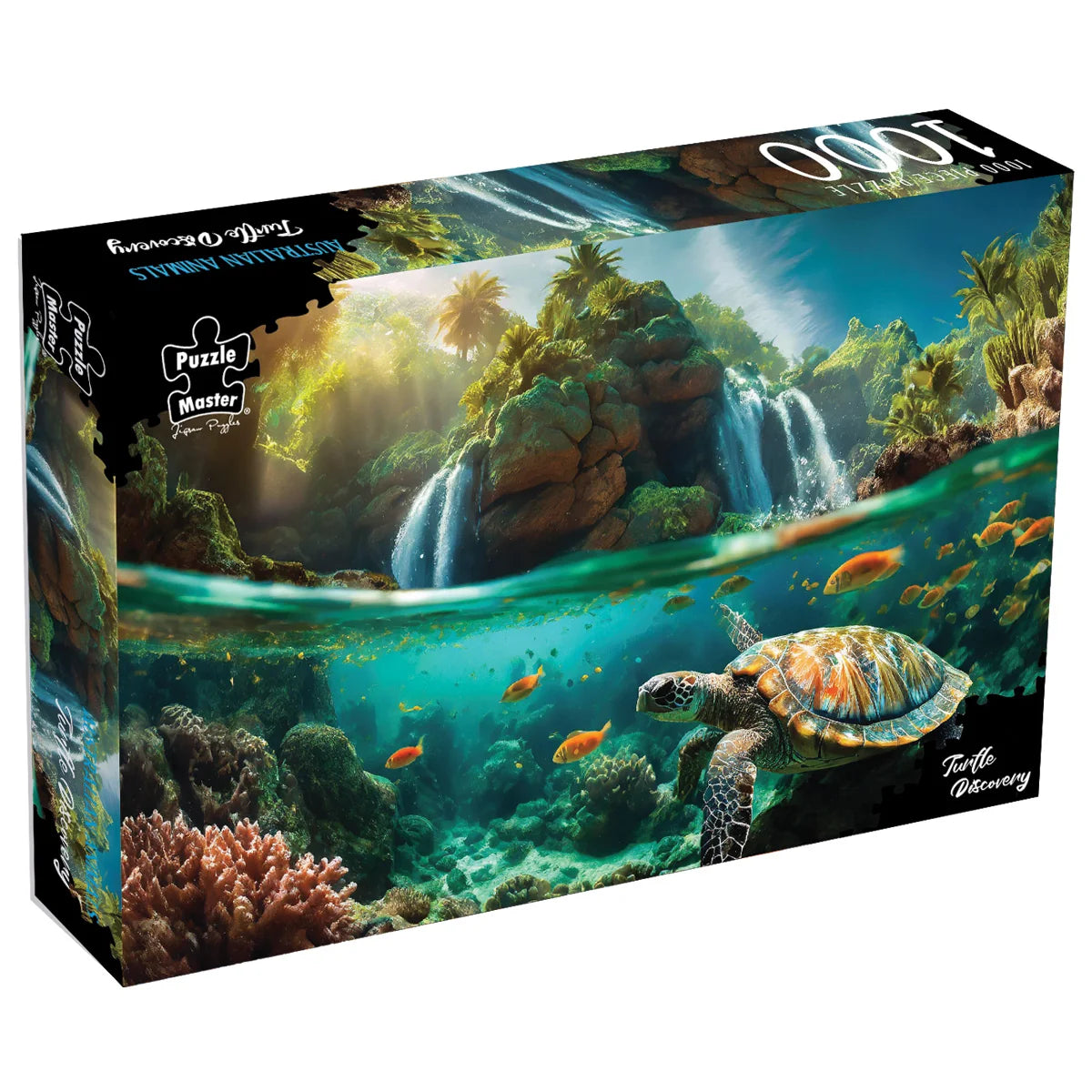 A 1000-piece jigsaw puzzle box by Puzzle Master, featuring a vibrant underwater tropical reef scene with a sea turtle, coral, fish, and waterfalls above the surface.
