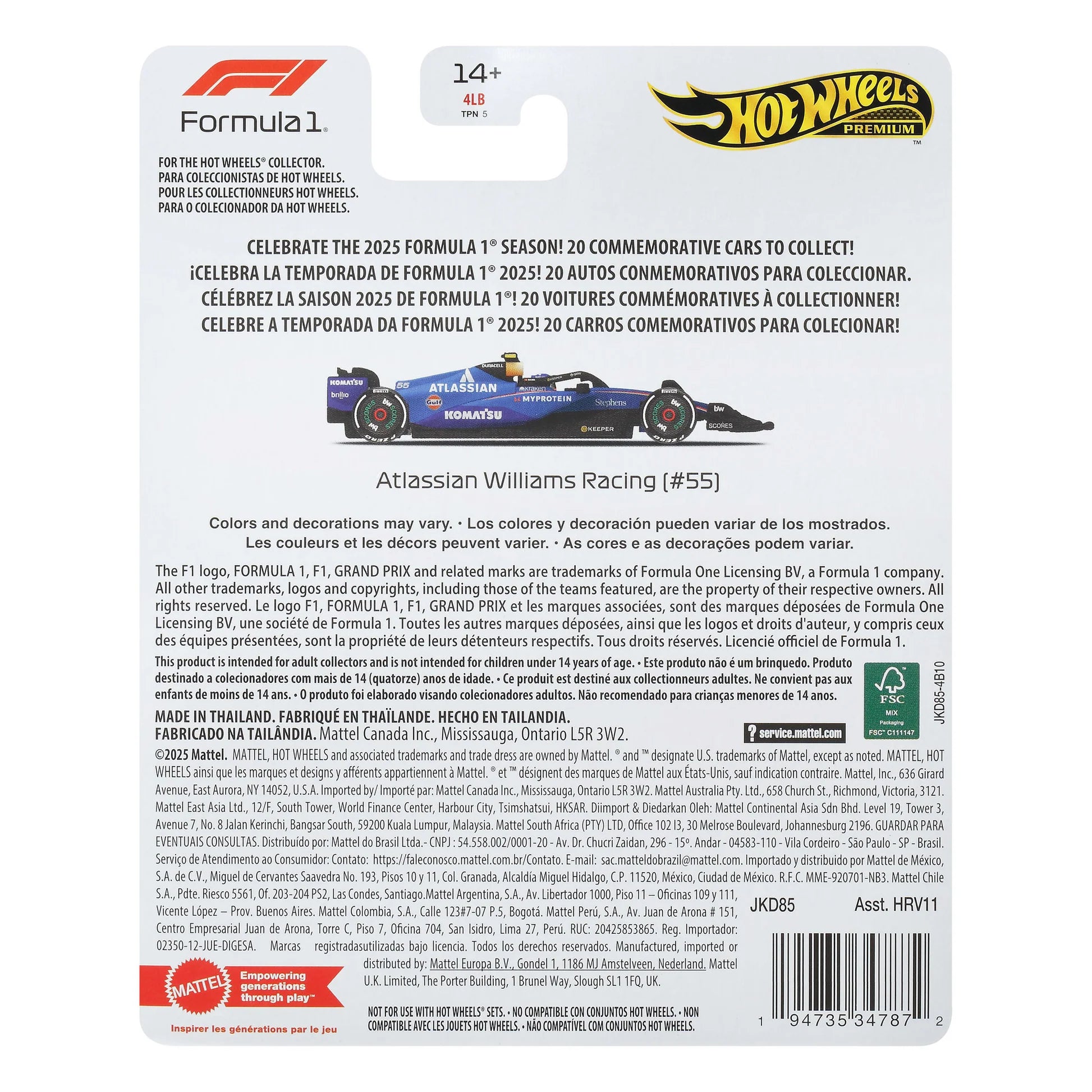 HOT WHEELS PREMIUM FORMULA 1 2025 - ATLASSIAN WILLIAMS RACING #55