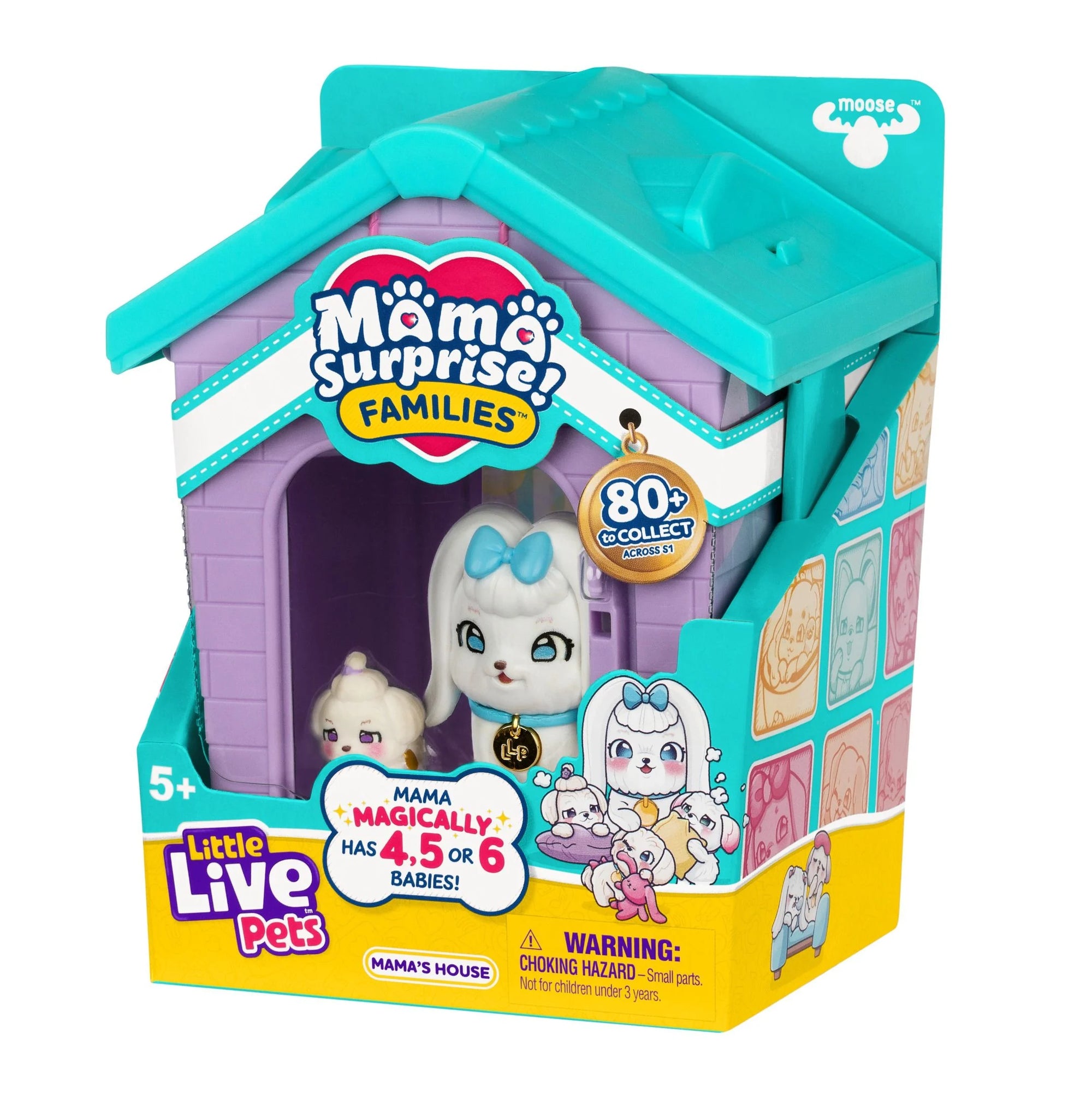 Moose Toys Little Live Pets Mama's House collectible pet toy package, featuring a purple and teal plastic house with a white bunny figure and small pet figures visible inside.