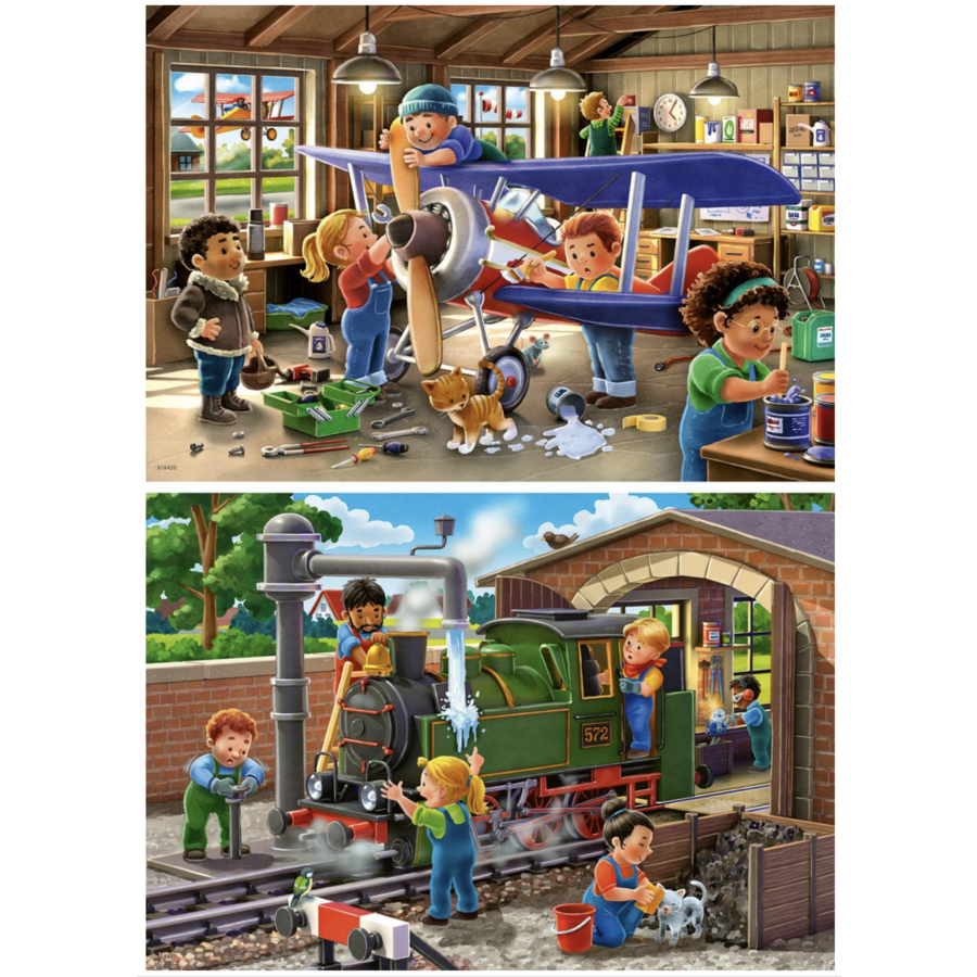 RAVENSBURGER - AIRPLANE AND TRAIN MAINTENANCE 2X12 PIECE PUZZLE