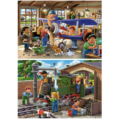 RAVENSBURGER - AIRPLANE AND TRAIN MAINTENANCE 2X12 PIECE PUZZLE