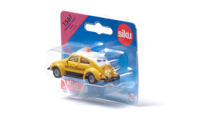 Yellow toy car in packaging with Siku branding on a white background