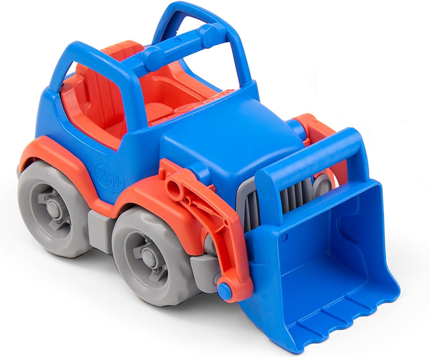 Toy bulldozer with blue and orange colors on a white background