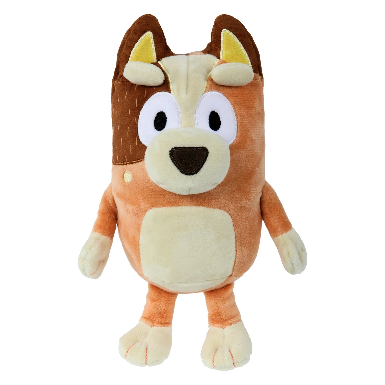 Plush toy resembling a cartoon character with brown, orange, and white colors on a white background