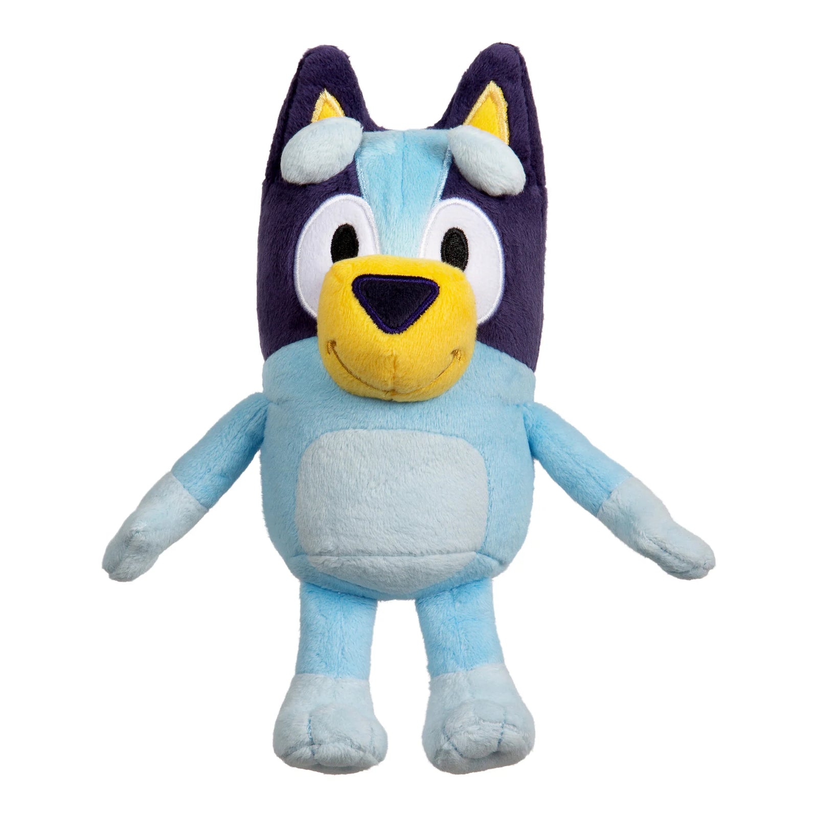 A Bluey character plush toy, resembling Bluey, featuring a light blue body, dark purple head, yellow snout, and white accents, set against a plain white background.