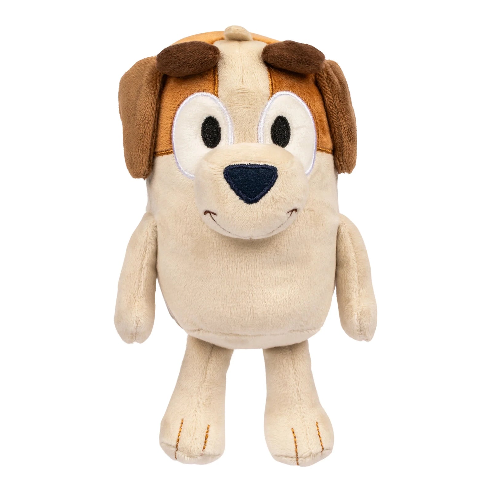 Plush dog toy with brown ears and black nose on a white background