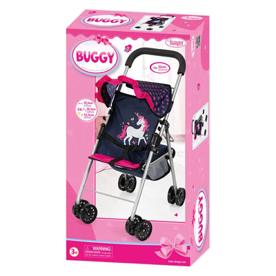 Pink packaging of a children's buggy with a unicorn design on a white background