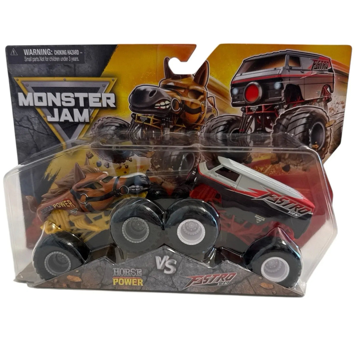 MONSTER JAM 1:64 DIECAST - HORSE POWER VS FASTRO VAN - Toyworld Frankston
