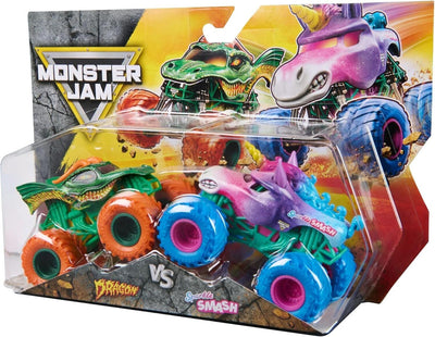 MONSTER JAM 1:64 DIECAST TRUCK 2 PACK - DRAGON AND SPARKLE SMASH - Toyworld Frankston