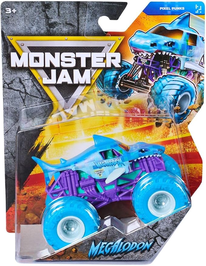 Monster Jam Megalodon toy truck in blister packaging, featuring a blue shark-themed vehicle with purple frame details and large translucent blue wheels.
