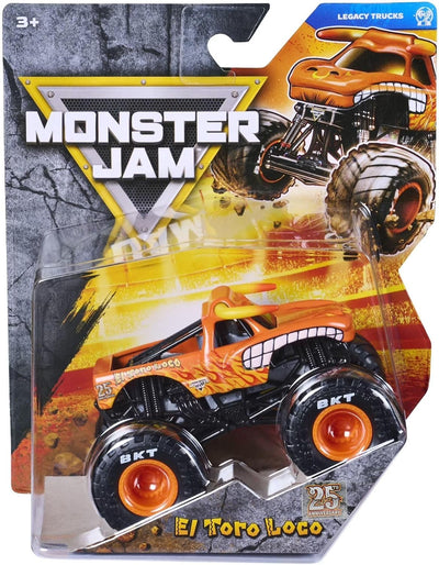Monster Jam Legacy Trucks El Toro Loco toy truck in its original blister card packaging. The orange and black monster truck features flame decals and a cartoonish toothy grin on the hood, with BKT tires.