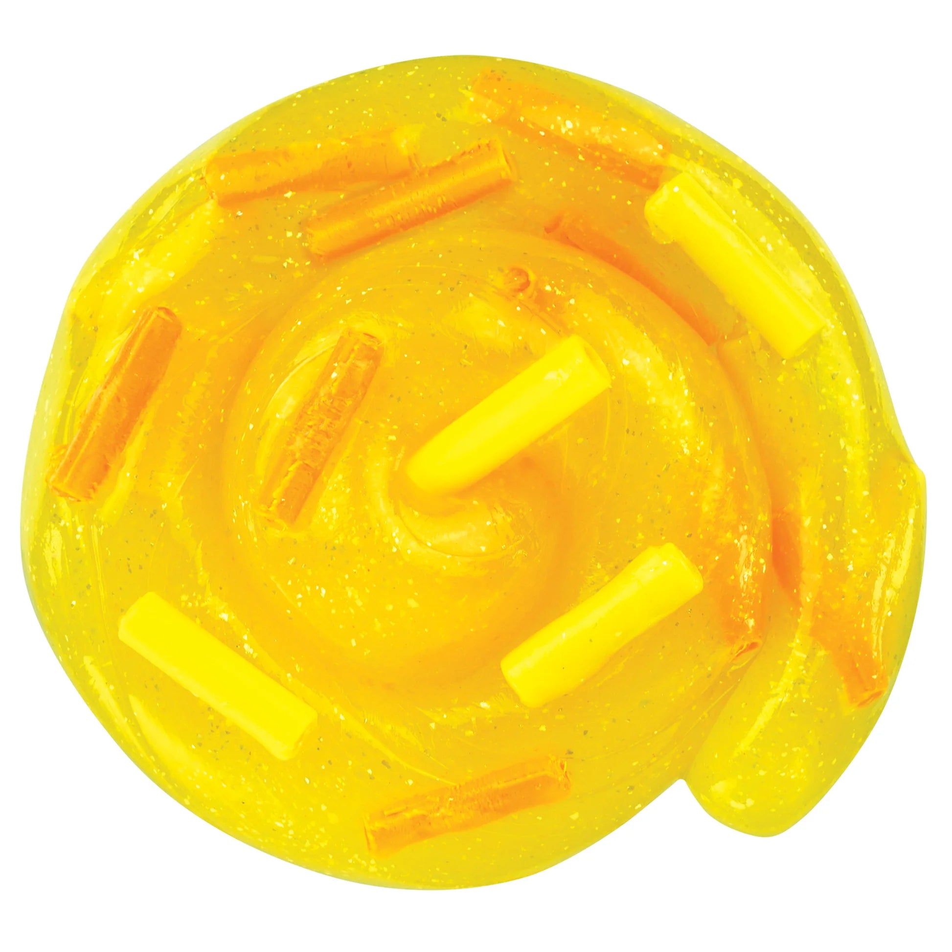 A round, yellow translucent gel or slime-like product with glitter and small orange and yellow stick-like inclusions, shown on a plain white background.
