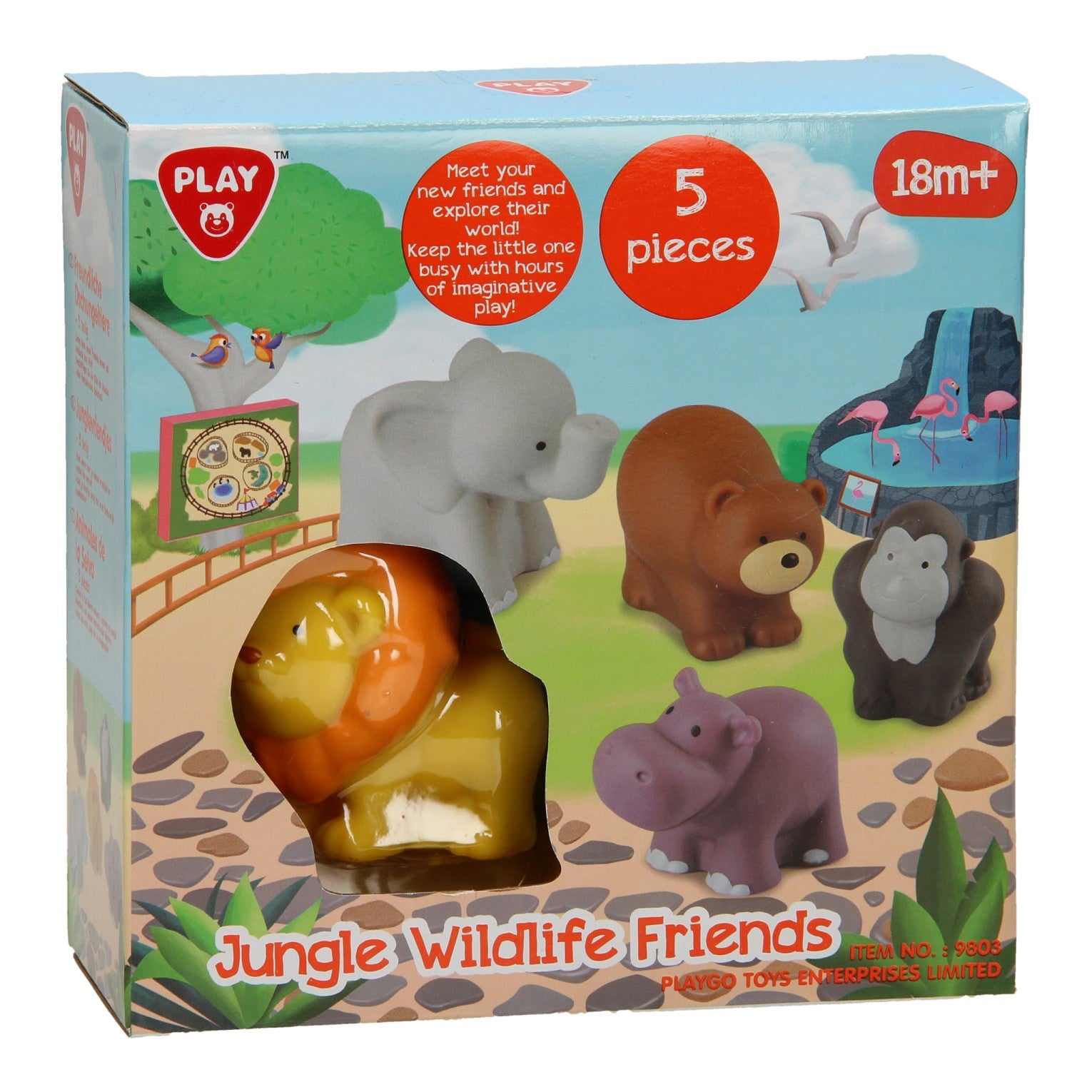Jungle Wildlife Friends 5-piece plastic toy set in its original retail packaging, featuring a lion, elephant, bear, gorilla, and hippo.