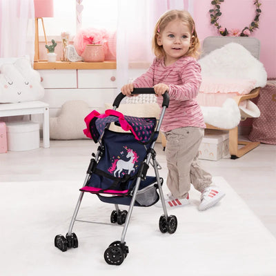 BAYER PRAMS AND STOLLERS DOLL BUGGY - DARK BLUE WITH PINK HEARTS AND UNICORN