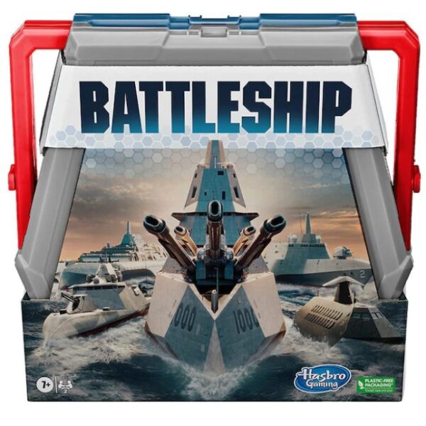 Battleship game box with navy ship illustration and red handles