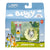 Toy figure set packaging with 'Bluey' branding and character illustrations.