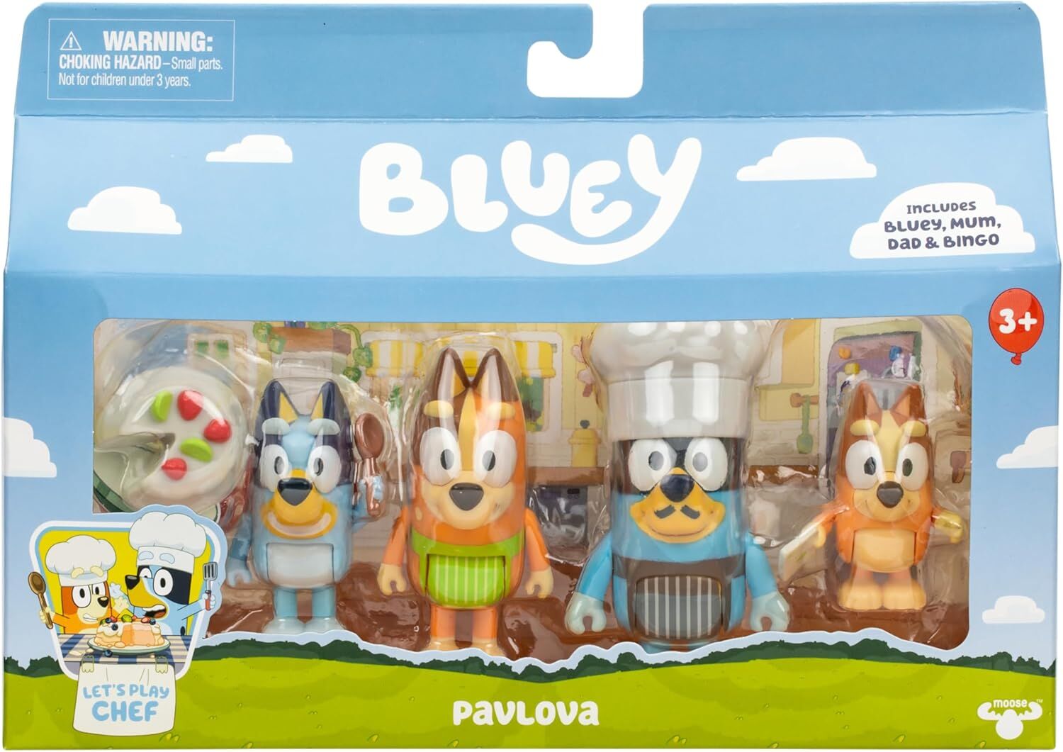 Packaged toy figures of Bluey and her family with 'Bluey' branding on a blue background.