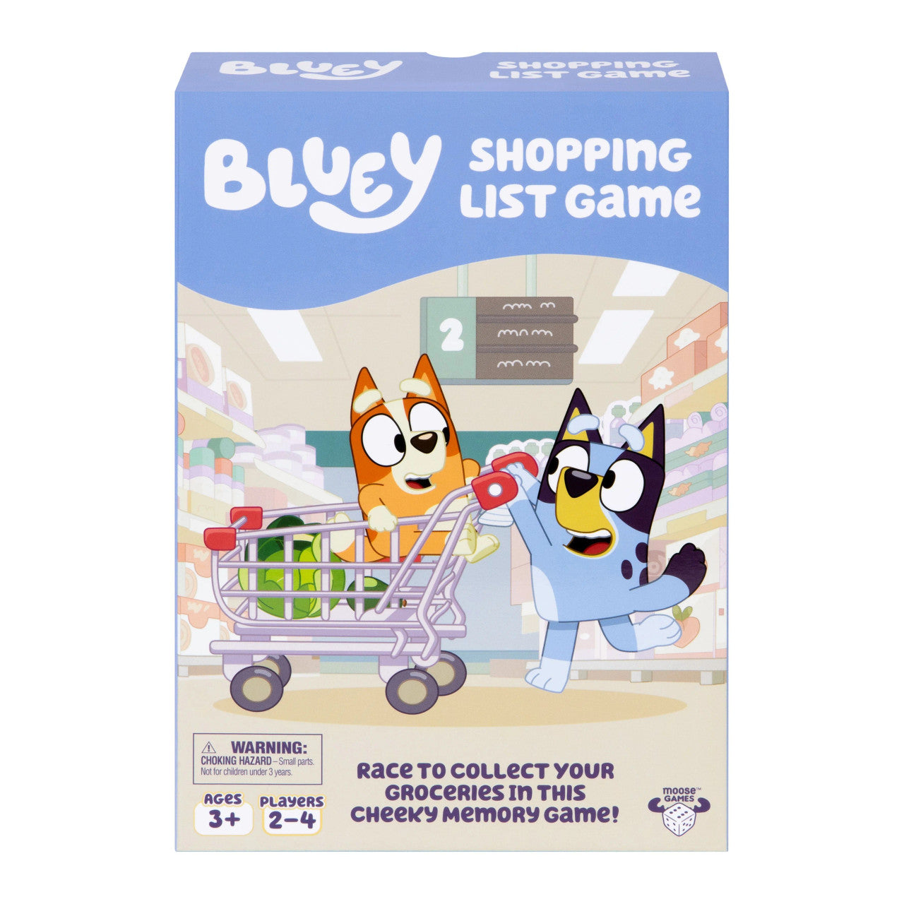Bluey Shopping List Game packaging with cartoon characters in a store setting