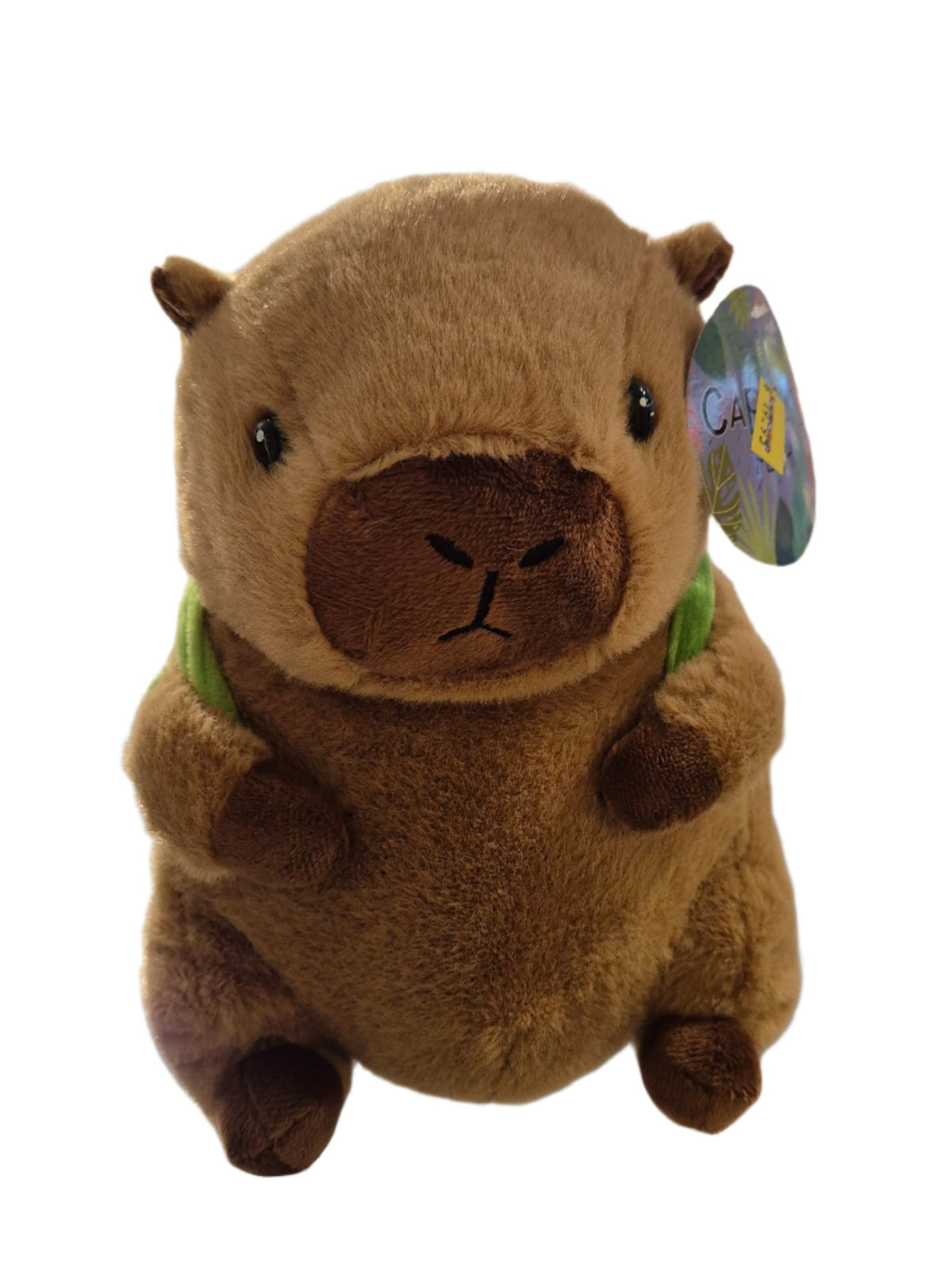 Brown plush toy with a tag