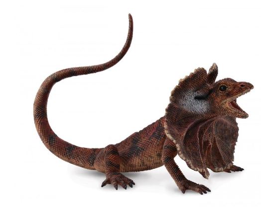 A toy figure of a frilled-necked lizard with a brown and beige color scheme, posed with an open mouth.