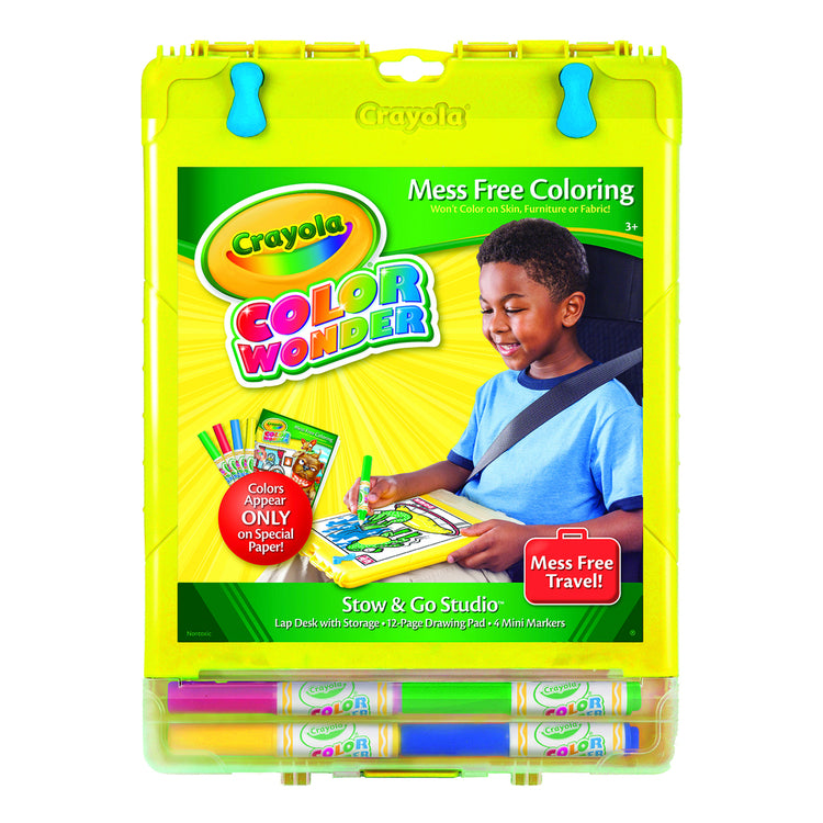 Crayola Color Wonder travel set with markers and paper on a white background