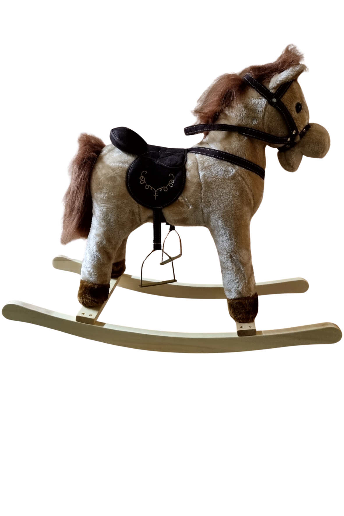 A plush rocking horse toy with a light beige and brown body, dark brown mane and tail, a black saddle, and wooden rocking base on a white background.