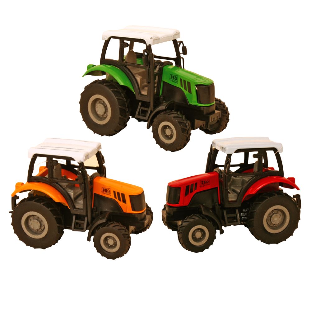 An assortment of diecast pullback farm tractor toys in green, orange, and red colors.