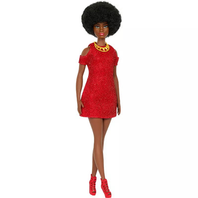 BARBIE FASHION DOLL - #221 NATURAL BLACK HAIR AND RED DRESS - Toyworld Frankston