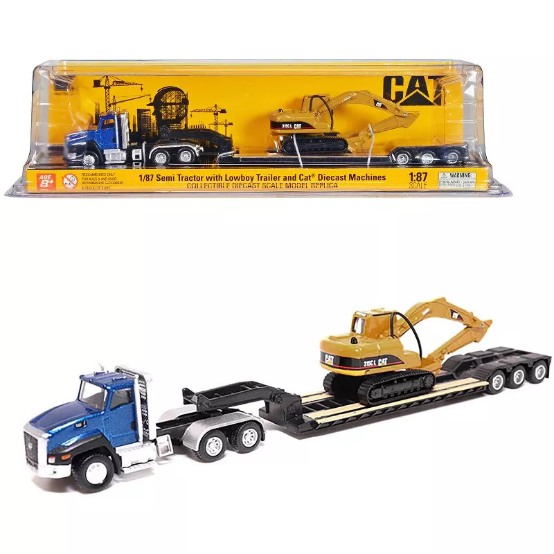 1:87 DIE CAST SEMI TRACTOR AND LOWBOY TRAILER WITH CAT ASSORTMENT - Toyworld Frankston
