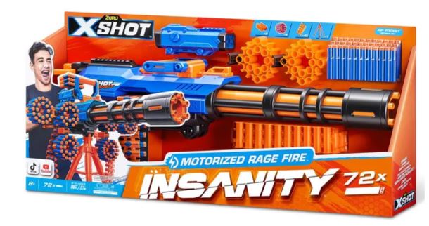 ZURU XSHOT-INSANITY-MOTORISED GATLING BLASTER WITH TRIPOD-72 DARTS - Toyworld Frankston