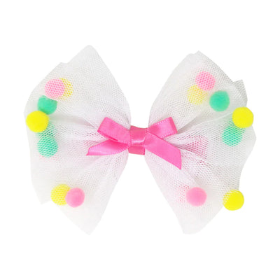 PINK POPPY MESH BOW WITH POM POM HAIRCLIP