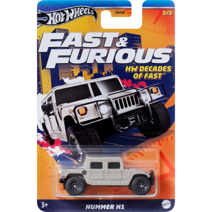 Packaged Hot Wheels toy car model representing a Hummer H1, with 'Fast and Furious' branding on the packaging.