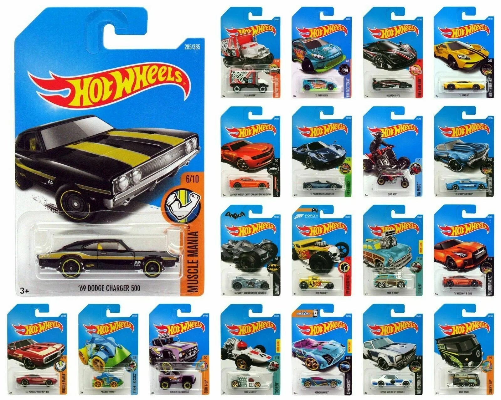 Collection of Hot Wheels packaging with various cars in different colors and designs.