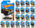 Collection of Hot Wheels packaging with various cars in different colors and designs.