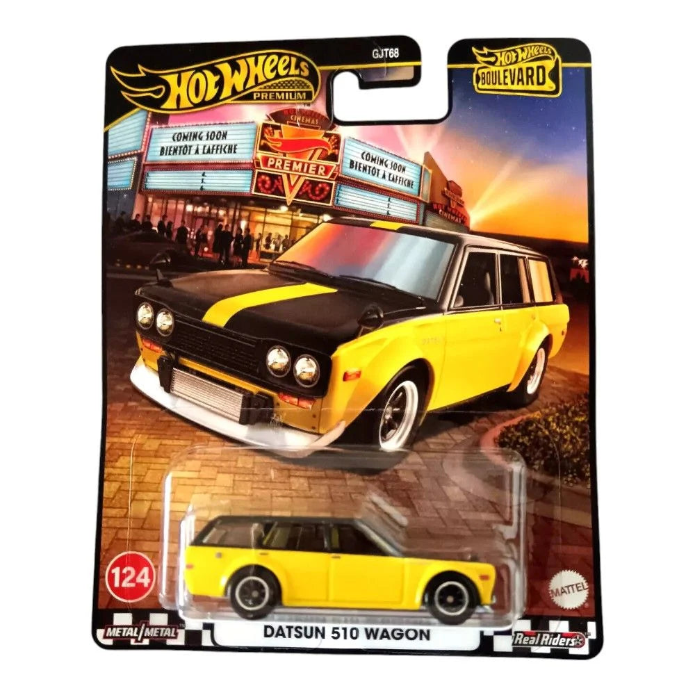 Hot Wheels Datsun 510 Wagon toy car in packaging with a movie theater background