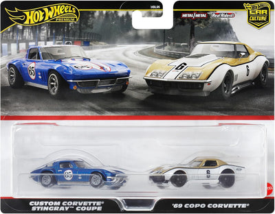 HOT WHEELS PREMIUM 2 PACK CUSTOM CORVETTE STINGRAY COUPE / '69 COPO CORVETTE - Toyworld Frankston