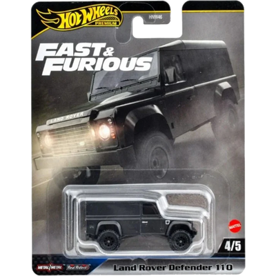 Hot Wheels Land Rover Defender 110 toy car in packaging with 'Fast & Furious' branding.