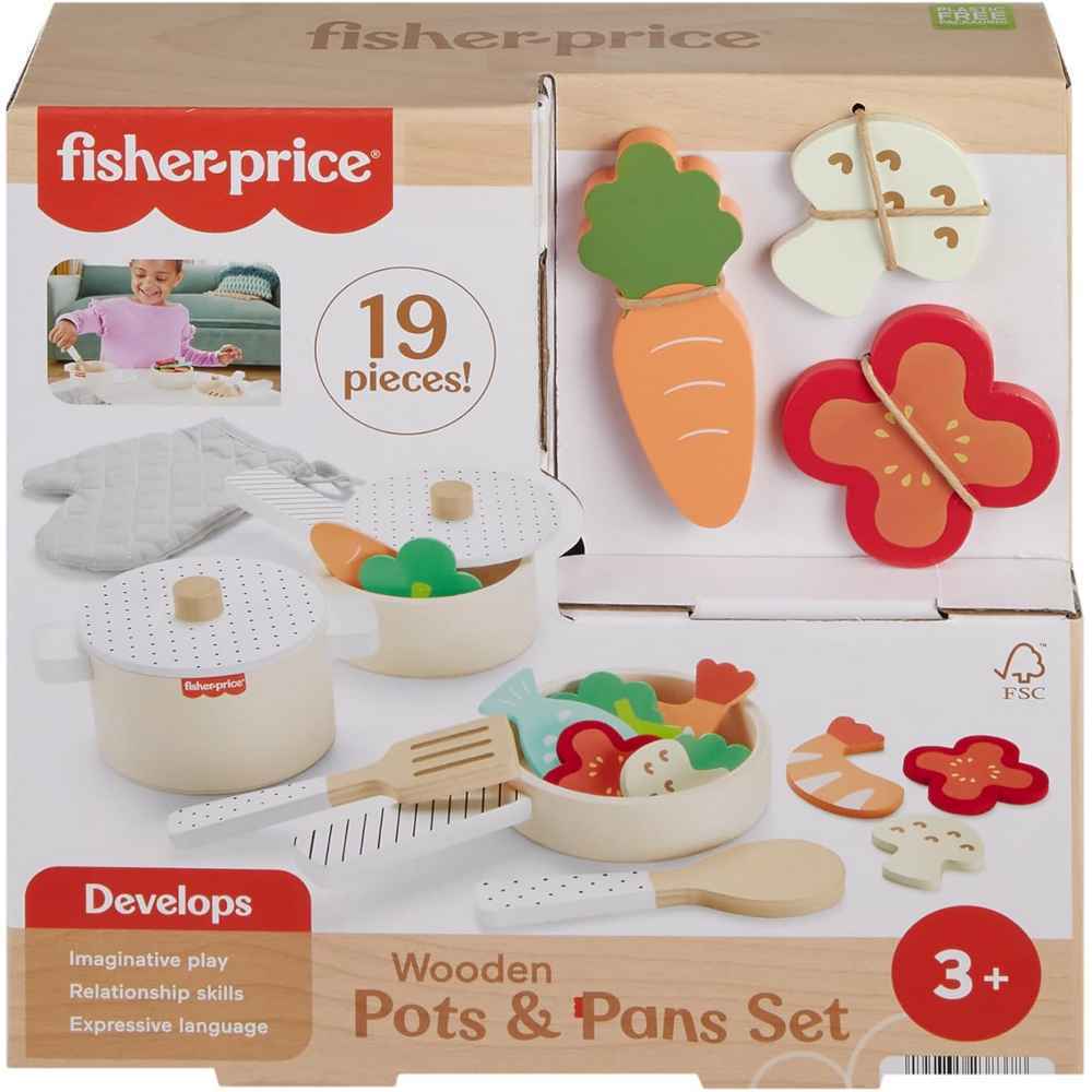 FISHER-PRICE WOODEN POTS AND PANS SET  19 PIECE SET - Toyworld Frankston