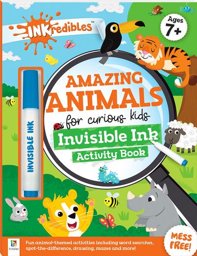 Children's activity book with animals and an invisible ink marker on a colorful cover.