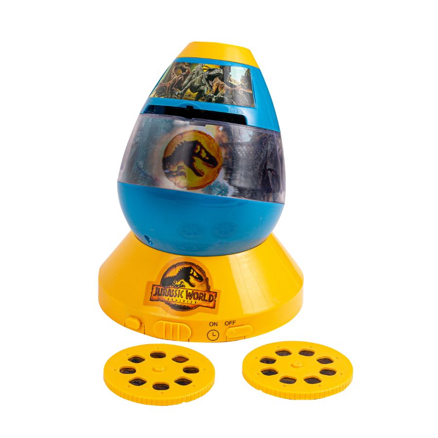 Toy dinosaur egg with a blue interior and yellow exterior, featuring the Jurassic World logo.