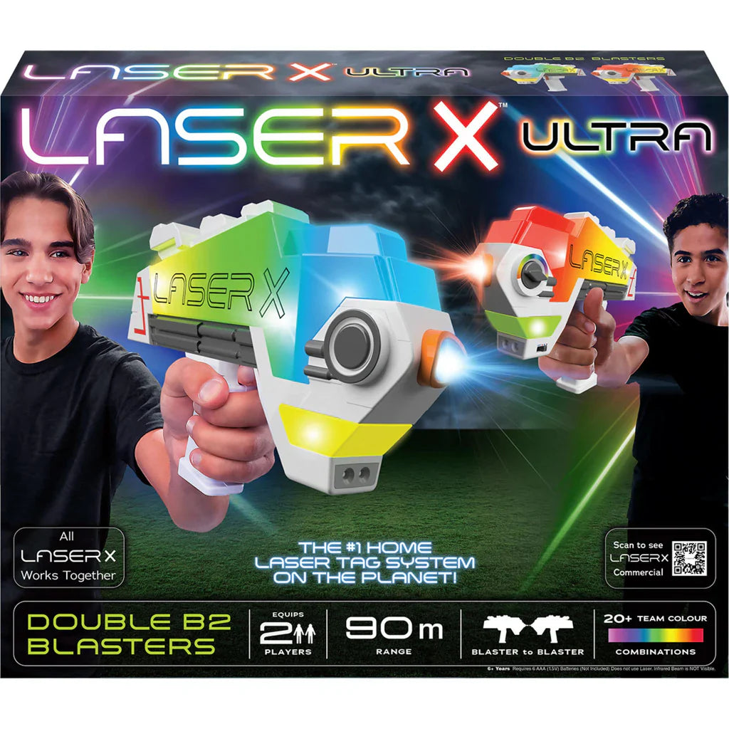 Laser X Ultra toy blaster packaging with two people holding blasters, featuring colorful design and text.