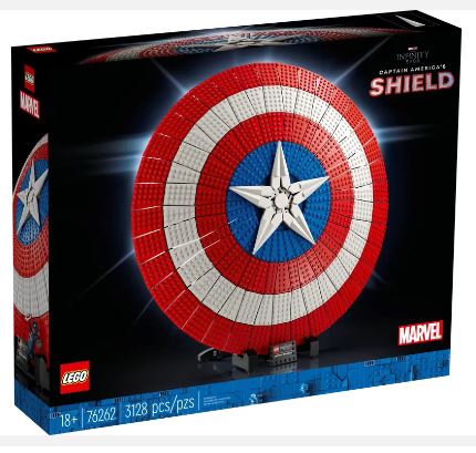 LEGO Marvel Captain America's Shield set packaging, featuring the iconic shield on a stand with a nameplate, along with a Captain America minifigure and Thor's hammer.