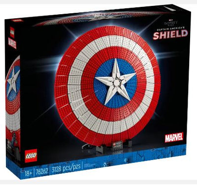 LEGO Marvel Captain America's Shield set packaging, featuring the iconic shield on a stand with a nameplate, along with a Captain America minifigure and Thor's hammer.