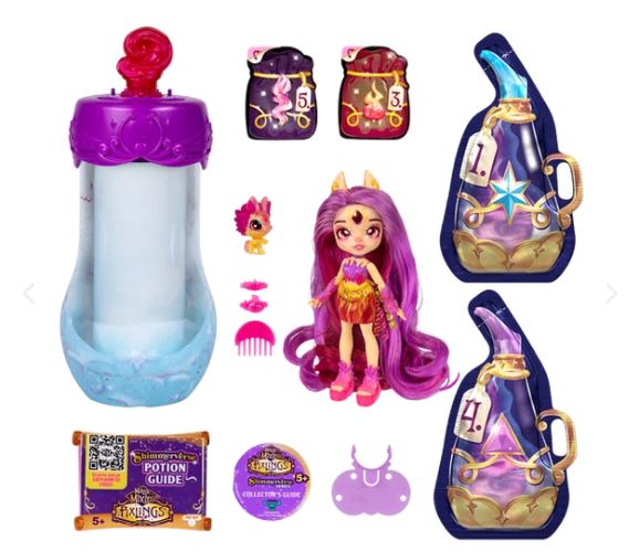  Magic Mixies Pixlings Shimmerverse Series including a purple potion bottle, a doll resembling Pippa the Firehorse Pixling, and accessories such as a crystal hair topper and color changing hair accessories.